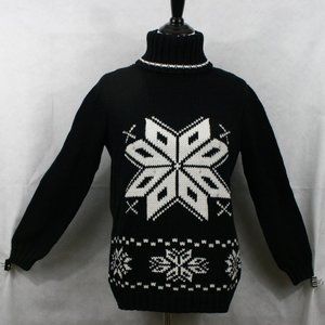 Boston Proper Black Cotton Blend Turtleneck Sweater w/ Snowflakes SZ M EUC